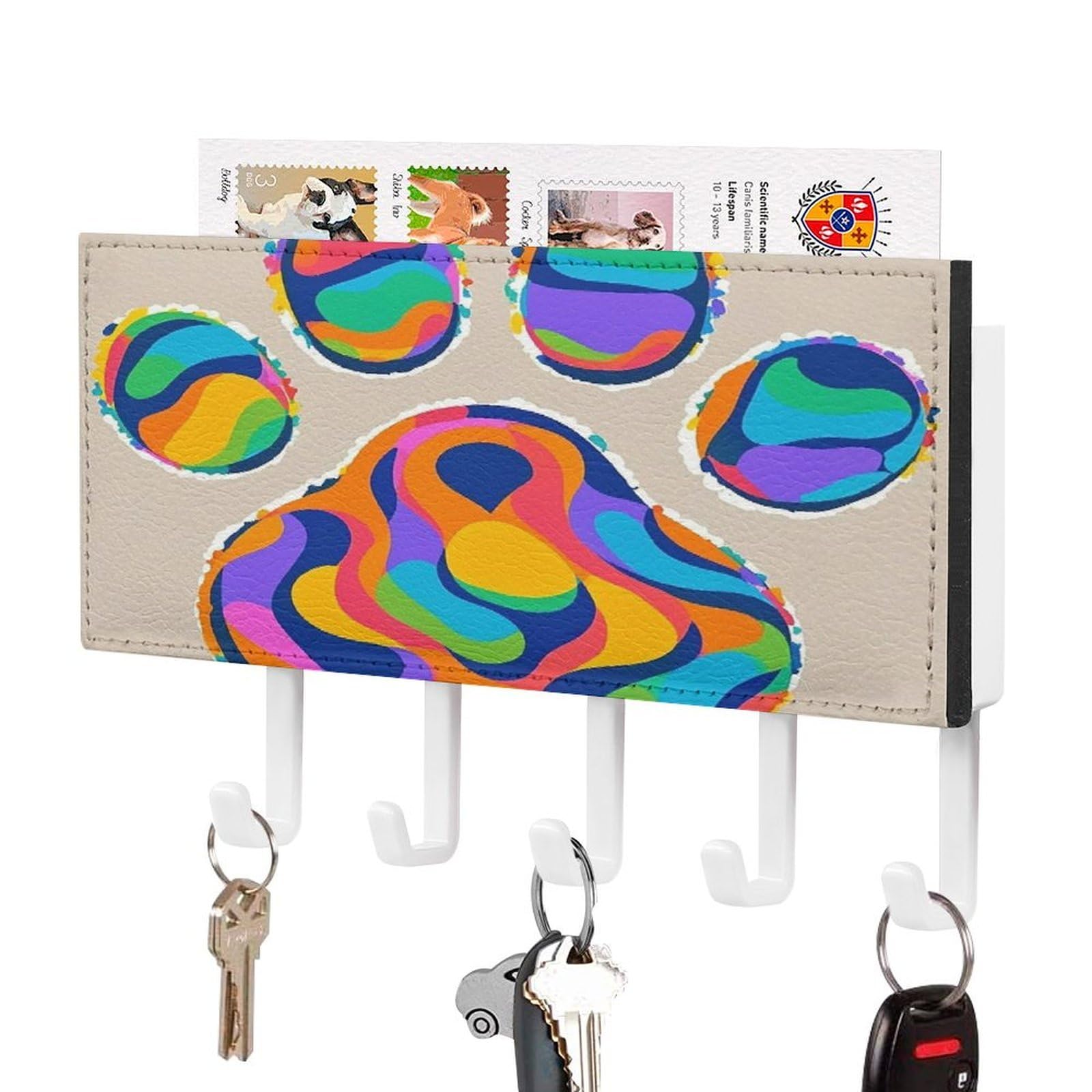 Fekiloot White-Style Colorful Dog Paw Print Key Holder Wall Mount Key And Mail Holder Key Hanger With 5 Hooks Decorative Pu Key Rack Hanging Key Hooks For Wall Living Room Kitchen Bathroom Hallway