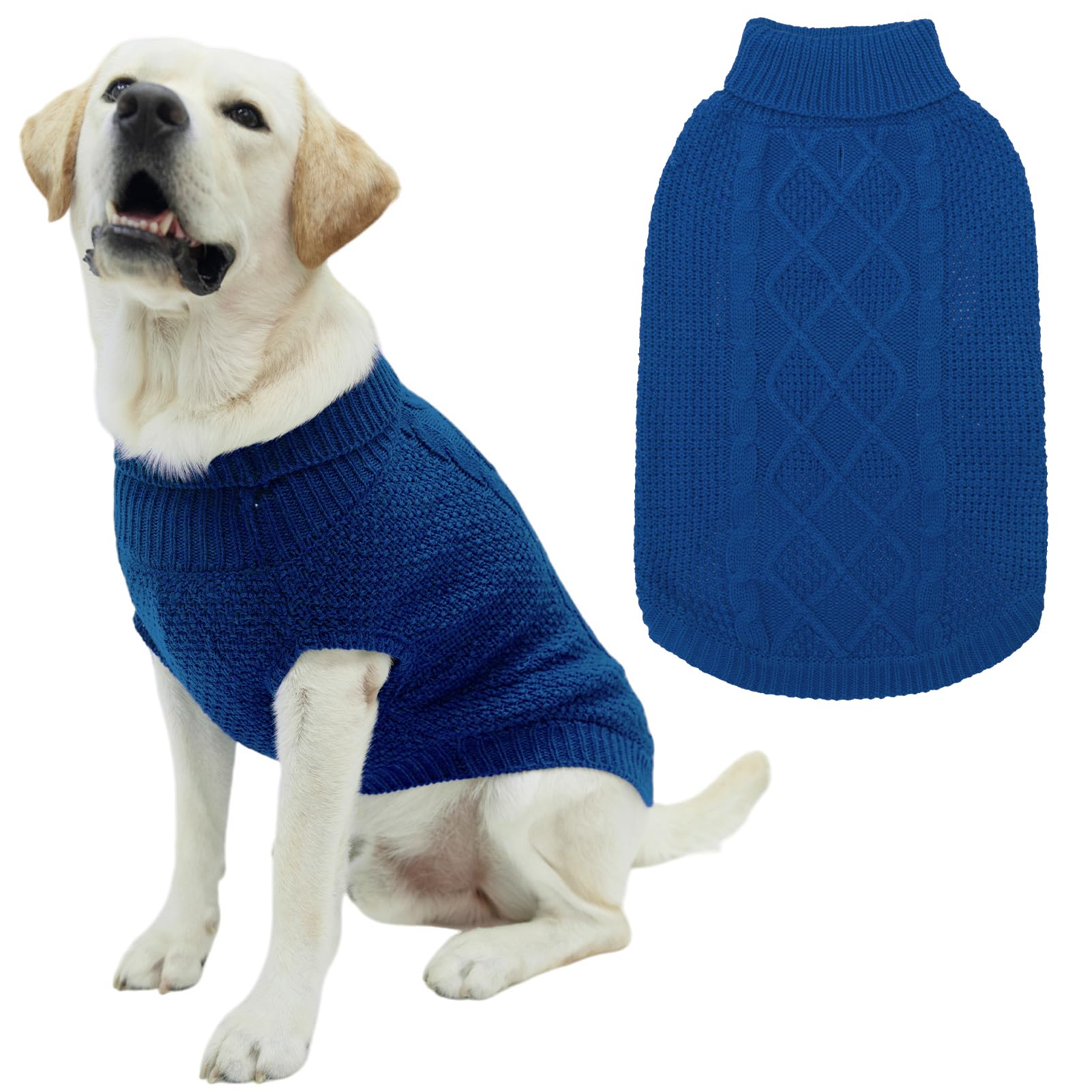Mihachi Turtleneck Dog Sweater - Winter Coat Apparel Classic Cable Knit Clothes with Leash Hole for Cold Weather, Ideal Gift for Pet in New Year Royal Blue Medium — image 1