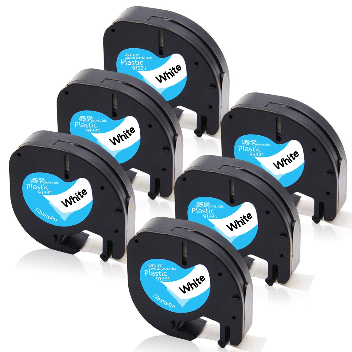 XemaX6-Pack 12mm x 4m Label Tape for DY LetraTag 91201s S0721610s Black on White Plastic Self-Adhesive Label Tape Compatible for DY LetraTag LT-100H LT-100T LT-110T QX 50 XR XM 2000 Plus Label Maker