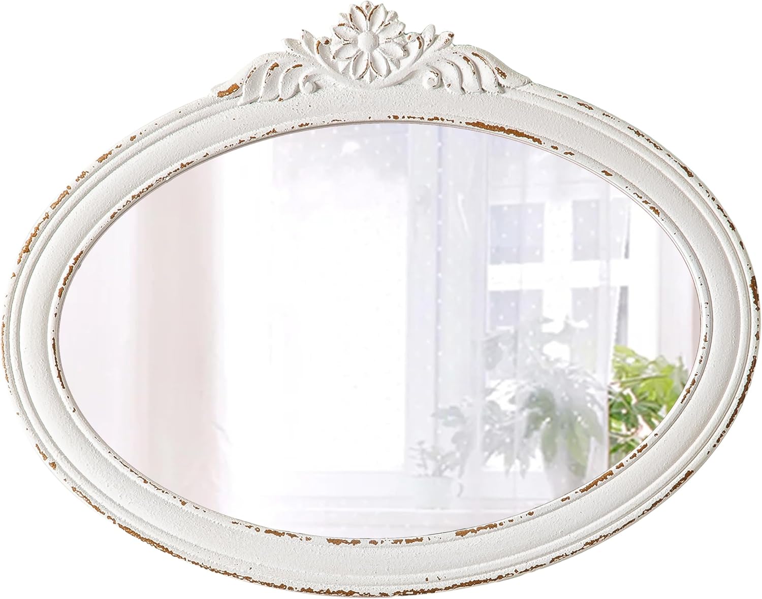 Rustic Oval Mirrors for Wall 18 X 24 Inch, Hanging Distressed White Oval Mirror Bathroom, Wooden Framed Farmhouse Mirrors for Wall Decor, Vintage Mirror with Carved Flower for Entryway