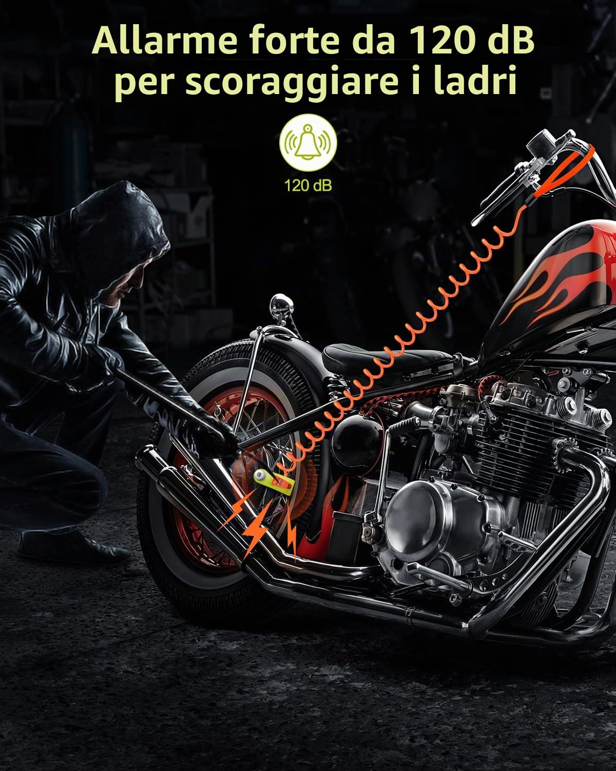 ZEXMTE Allarme a disco ricaricabile per moto, 120 dB, con cavo promemoria da 1,8 m, rinforzato, impermeabile, ad alta sicurezza, per moto, bici, scooter, e-bike, verde