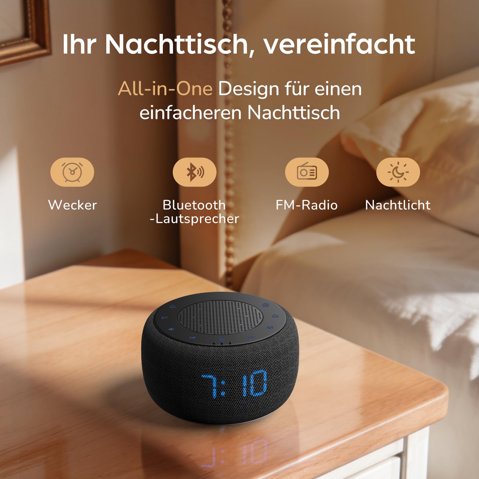 DOUMOSH Réveil Radio avec Bluetooth, réveil numérique avec variateur d'intensité 0-100%, veilleuse colorée, réveil avec Haut-Parleur Bluetooth pour la Chambre à Coucher - Gris Espace