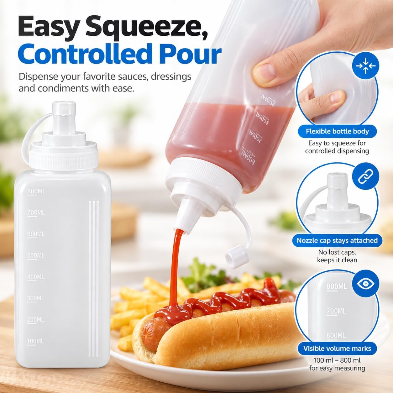 Cabilock 2Pcs 27oz Large Squeeze Bottles with Caps, 800ml Clear Plastic