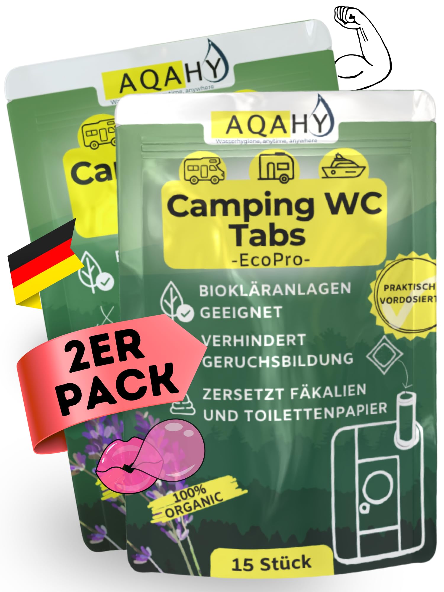 AQAHY Bio Camping Toiletten Zusatz - WC Drops - Chemietoilette Tabs entfernt unangenehme Gerüche - made in DE
