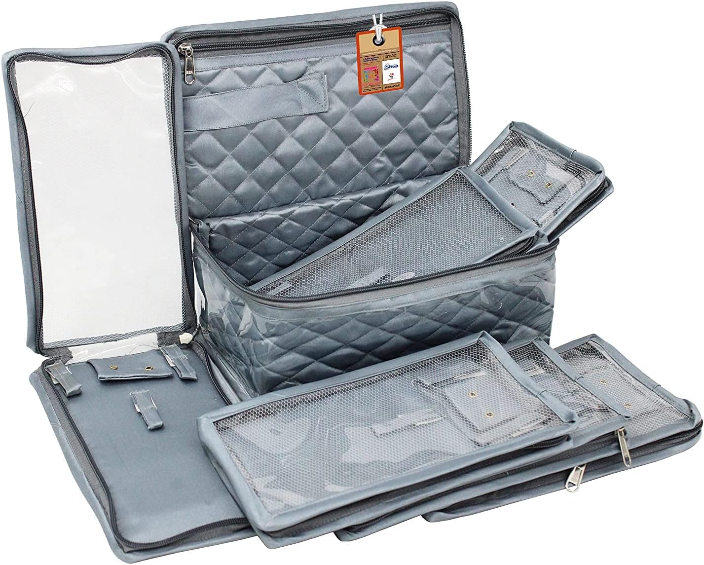 Satin Makeup Kit Travel Jewelry Organizer Locker Box Pouch Clutch Bag for Necklaces Earrings Rings and Bracelets Grey Color