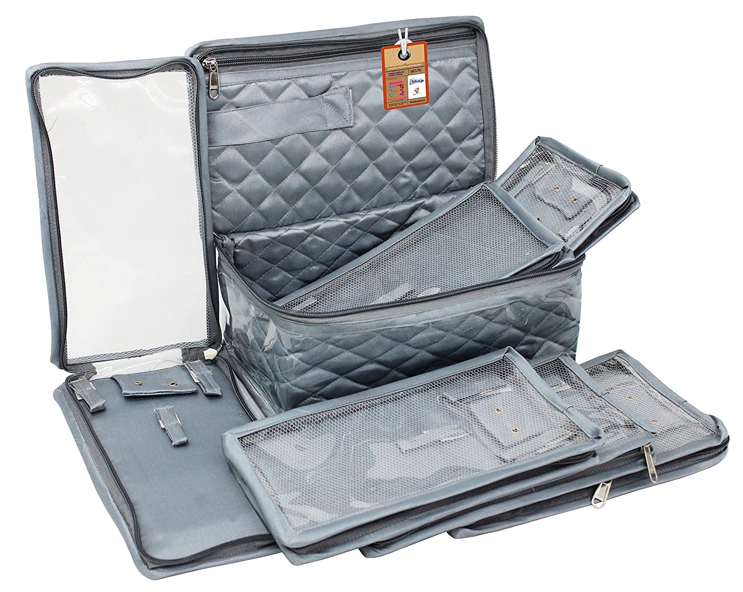 atorakushon Satin Makeup Kit Travel Jewelry Organizer Locker Box Pouch Clutch Bag for Necklaces Earrings Rings and Bracelets Grey Color