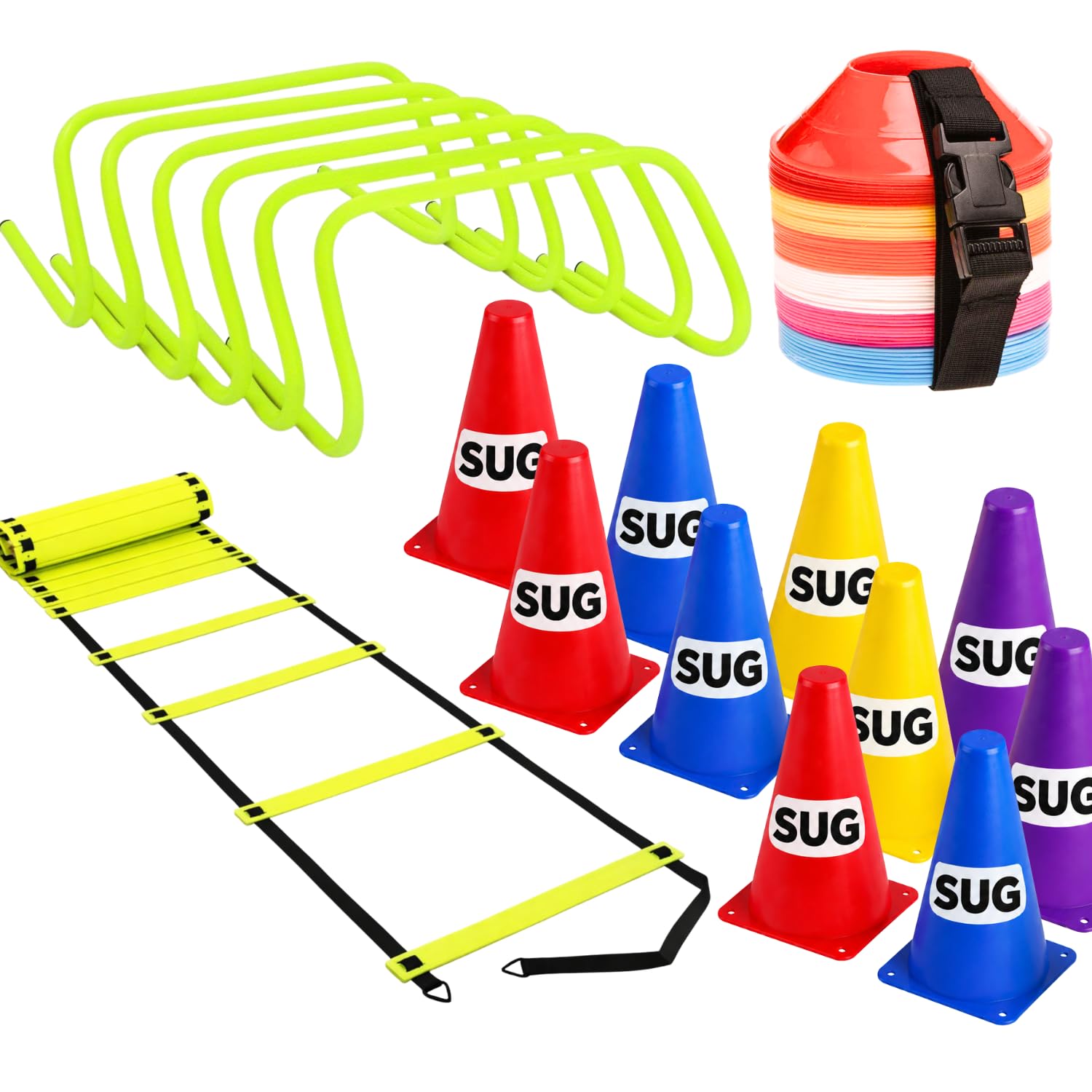 KGE Speed & Agility Training Set with 4M Ladder, 6 Hurdles, 10 Cones, 30 Marker Discs & Carry Stand | Football, Cricket, Soccer, Athletic Footwork, Speed & Coordination Training Kit-image-38