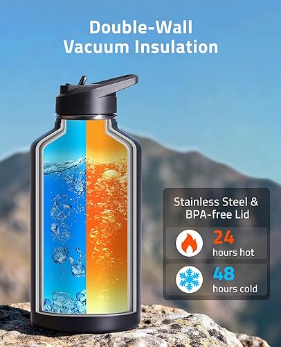 Miniatura 3 de CVLIFE Botella de agua de medio galón con pajilla, jarra de agua aislada de acero inoxidable de 64 onzas con funda extraíble para gimnasio, deportes