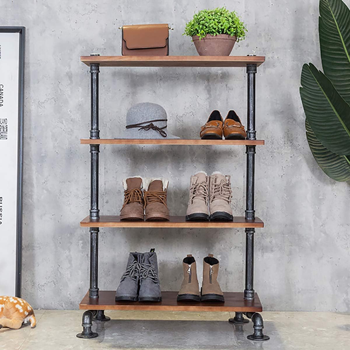 Industrial 4-Tier Pipe Storage Rack, Standing Shelf Unit, Rustic Display Rack for Home Retail Office, Bag/Bookshelf/Tools Holder, 27.6’’ x 11.8’’ x 43.3’’