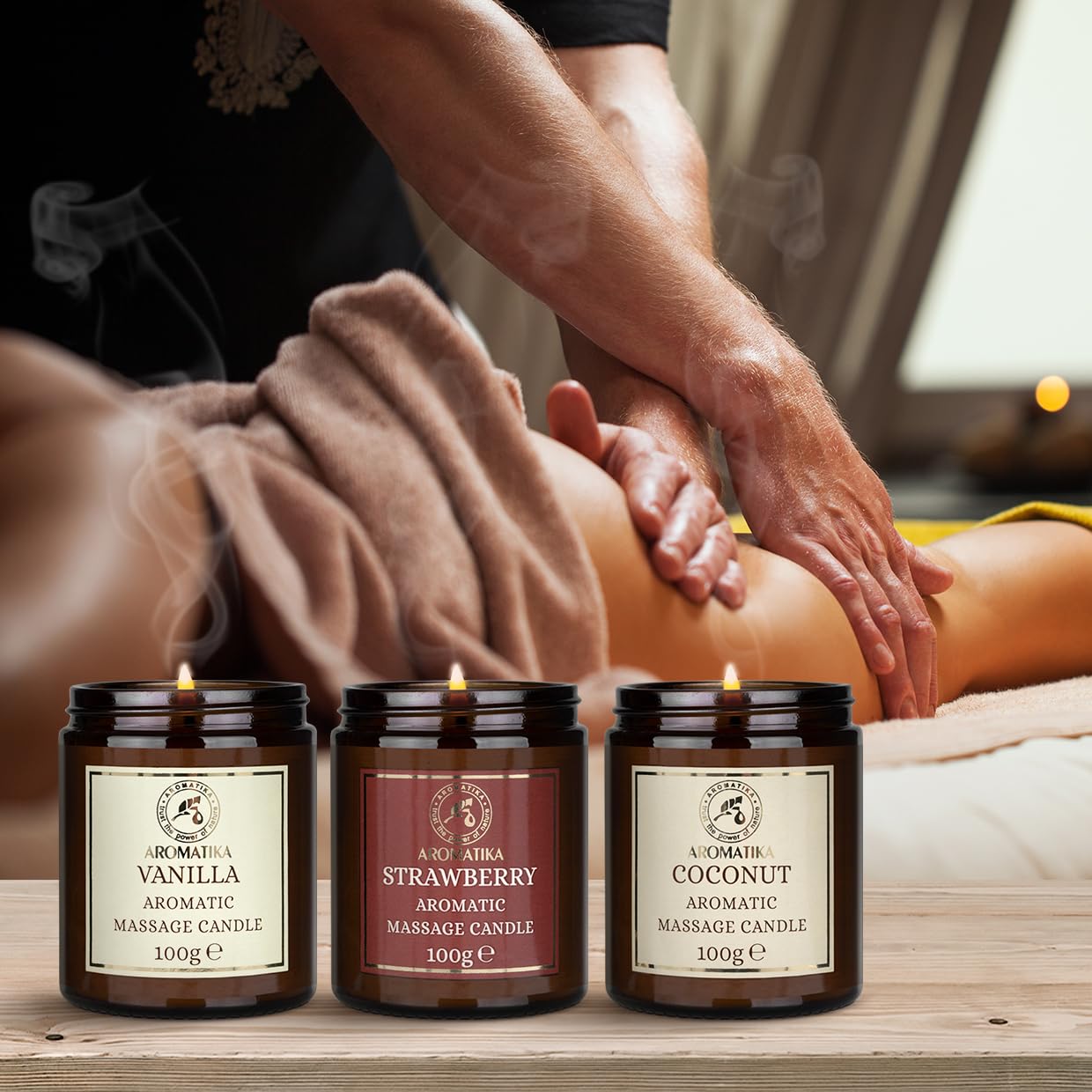 Vela de Masaje Set Vainilla Coco Fresa 3x100g Cera de Soja Aceites de Coco Almendras Monoi Tahiti Aromaterapia Calmante