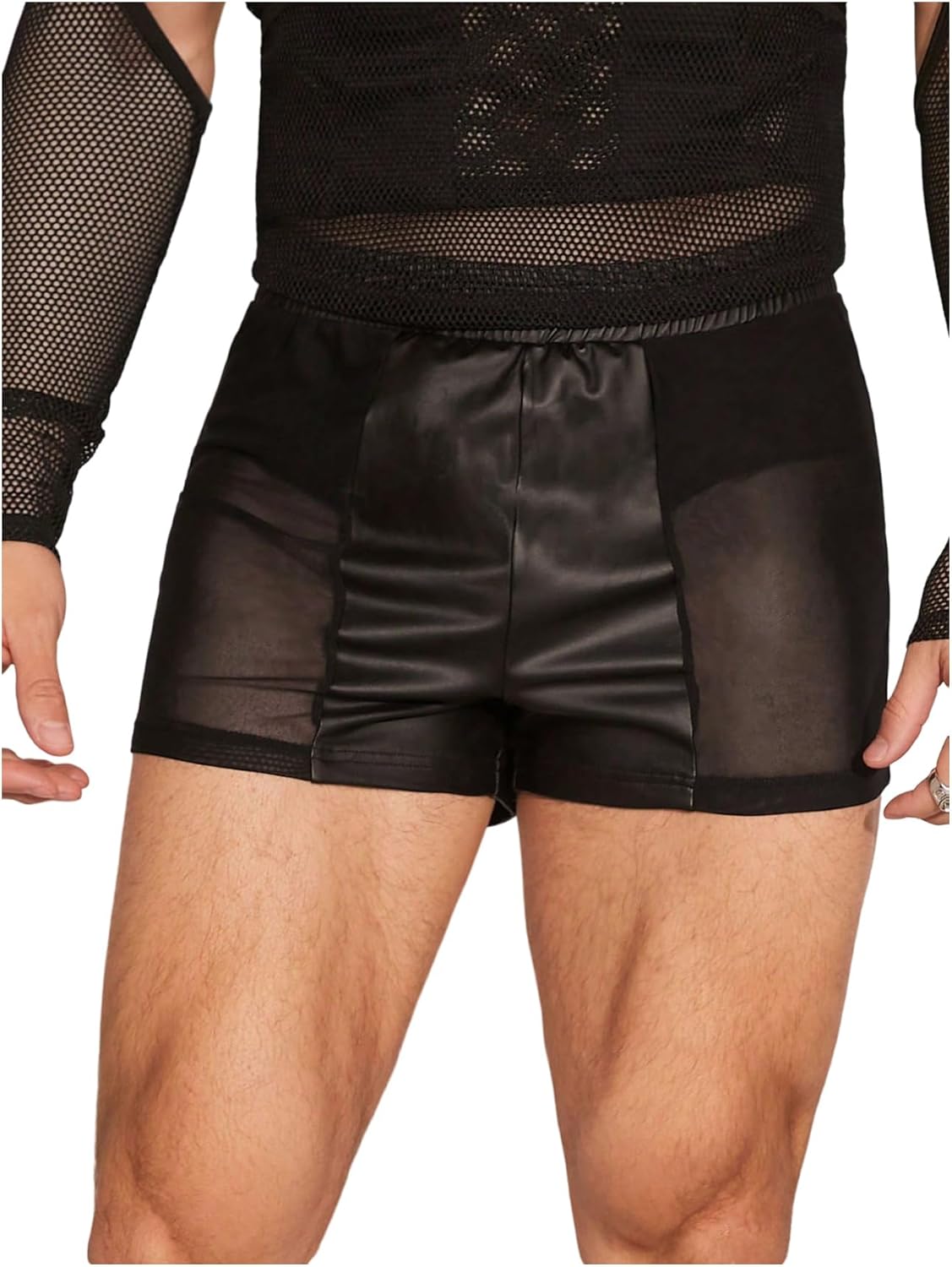 WDIRARA Men's Mesh Sheer Faux Leather Elastic Waist Skinny Shorts Party Club Rave Shorts