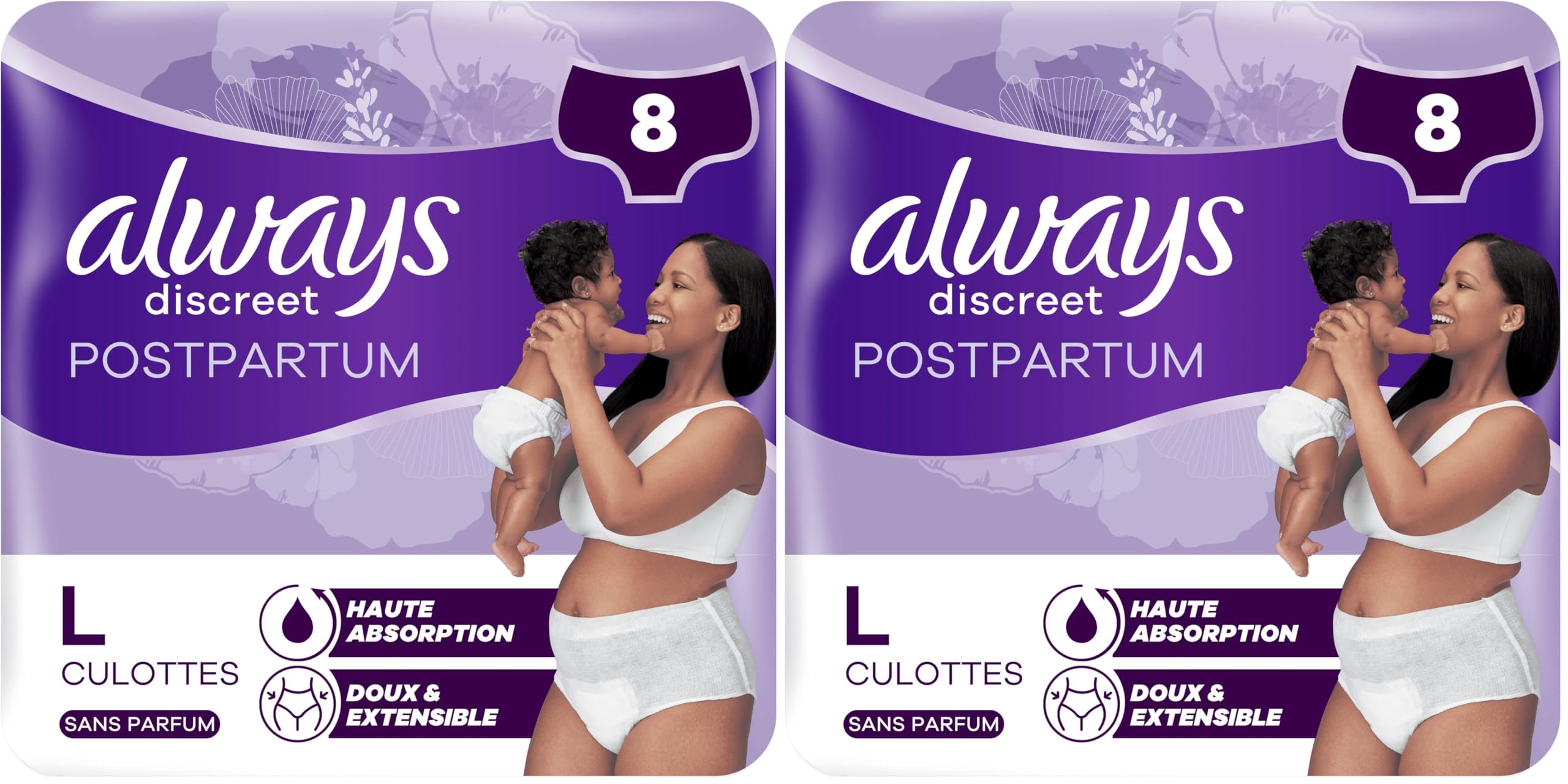Always Discreet Postpartum Culottes Jetables, Taille L, Très Absorbante et Confortable, 8 Culottes (Lot de 2)