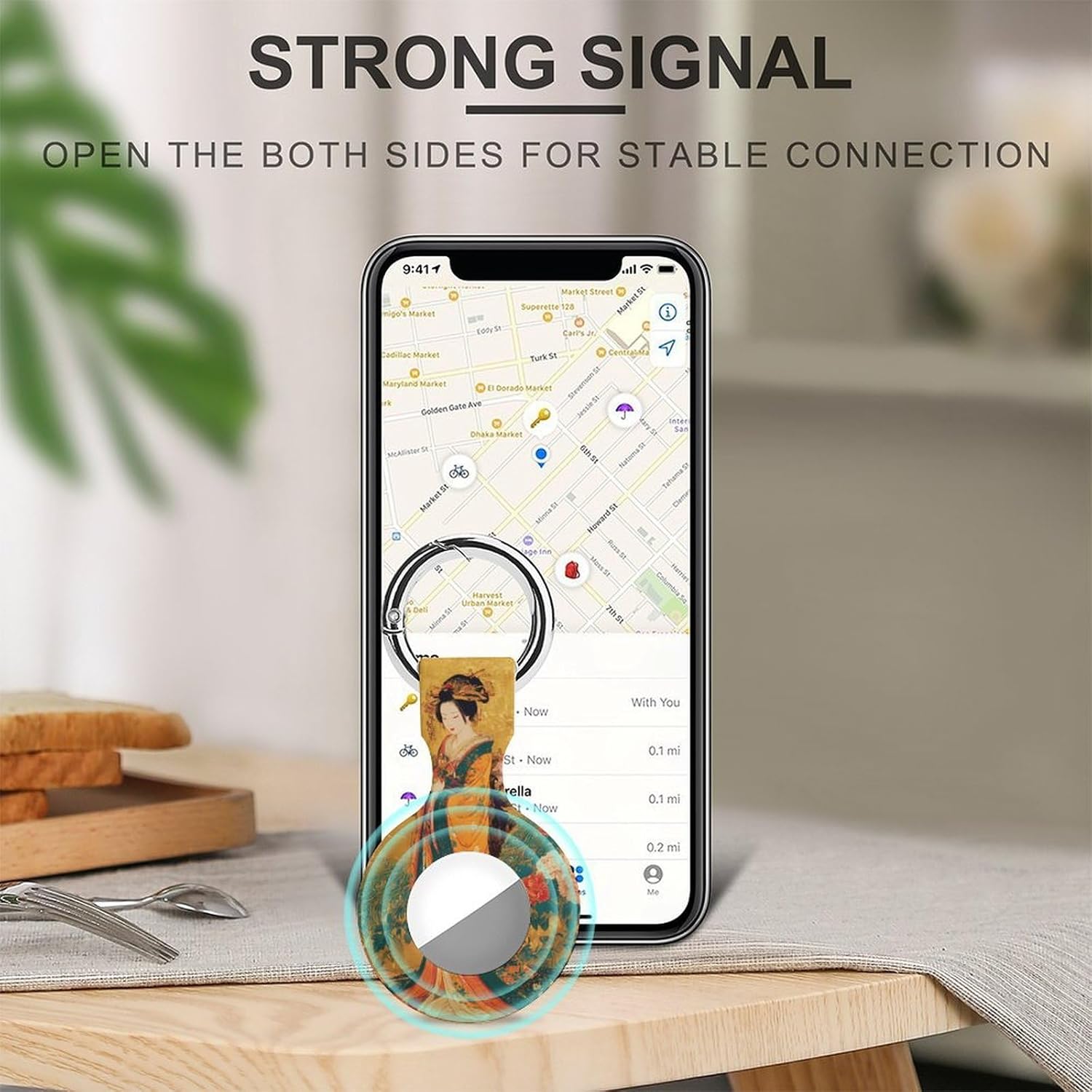 Japanese Geisha Peacock Funny Cover Compatible with AirTag Case Protector GPS Tracker Holder with Keychain
