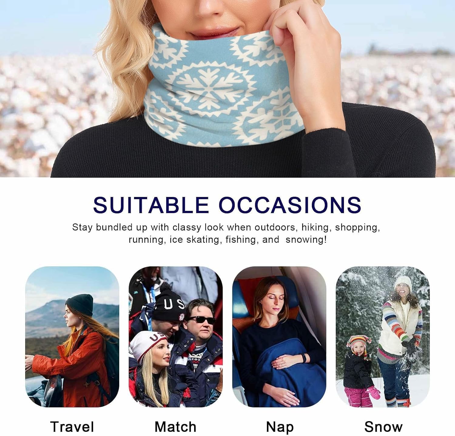 Blue Snowflakes Japanese Style Winter Knitted Neck Gaiter for Outdoor Cold Weather Ski Face Scarf Thick Thermal Fleece Lined for Men & Women