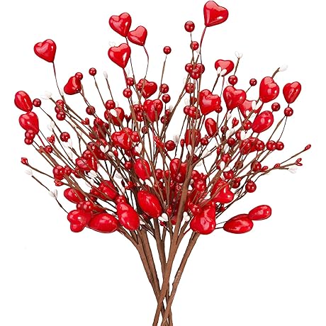 Valentine's Day Decor, 6 PCS Red White Heart and Berry Picks