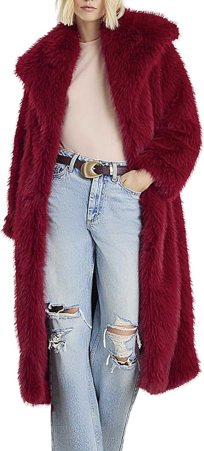COZYPOIN Womens Long Faux Fur Coat Long Sleeve Lapel Furry Fur Jackets Winter Warm Fluffy Outerwear Shaggy Overcoat
