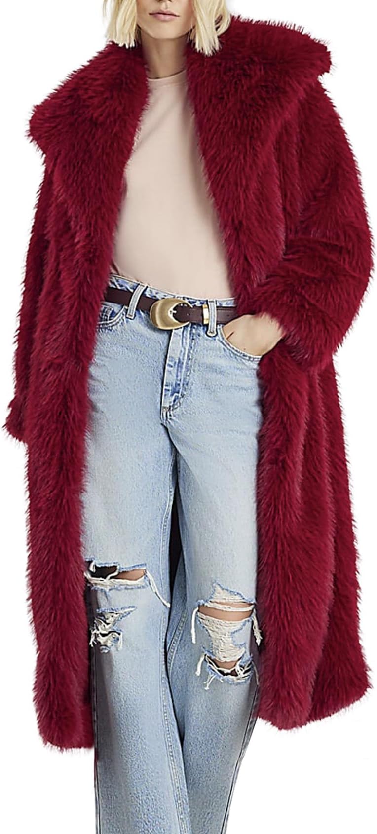 Womens Long Faux Fur Coat Long Sleeve Lapel Furry Fur Jackets Winter Warm Fluffy Outerwear Shaggy Overcoat