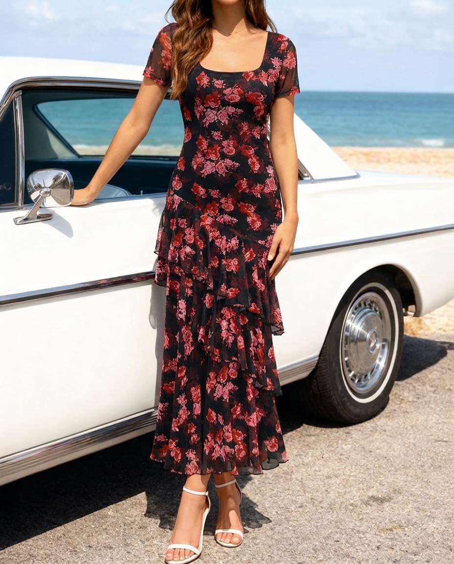 ZESICA Women's Summer Floral Bodycon Maxi Dress 2026 Square Neck Mesh Ruffle Elegant Cocktail Wedding Party Long Dresses - Image 2