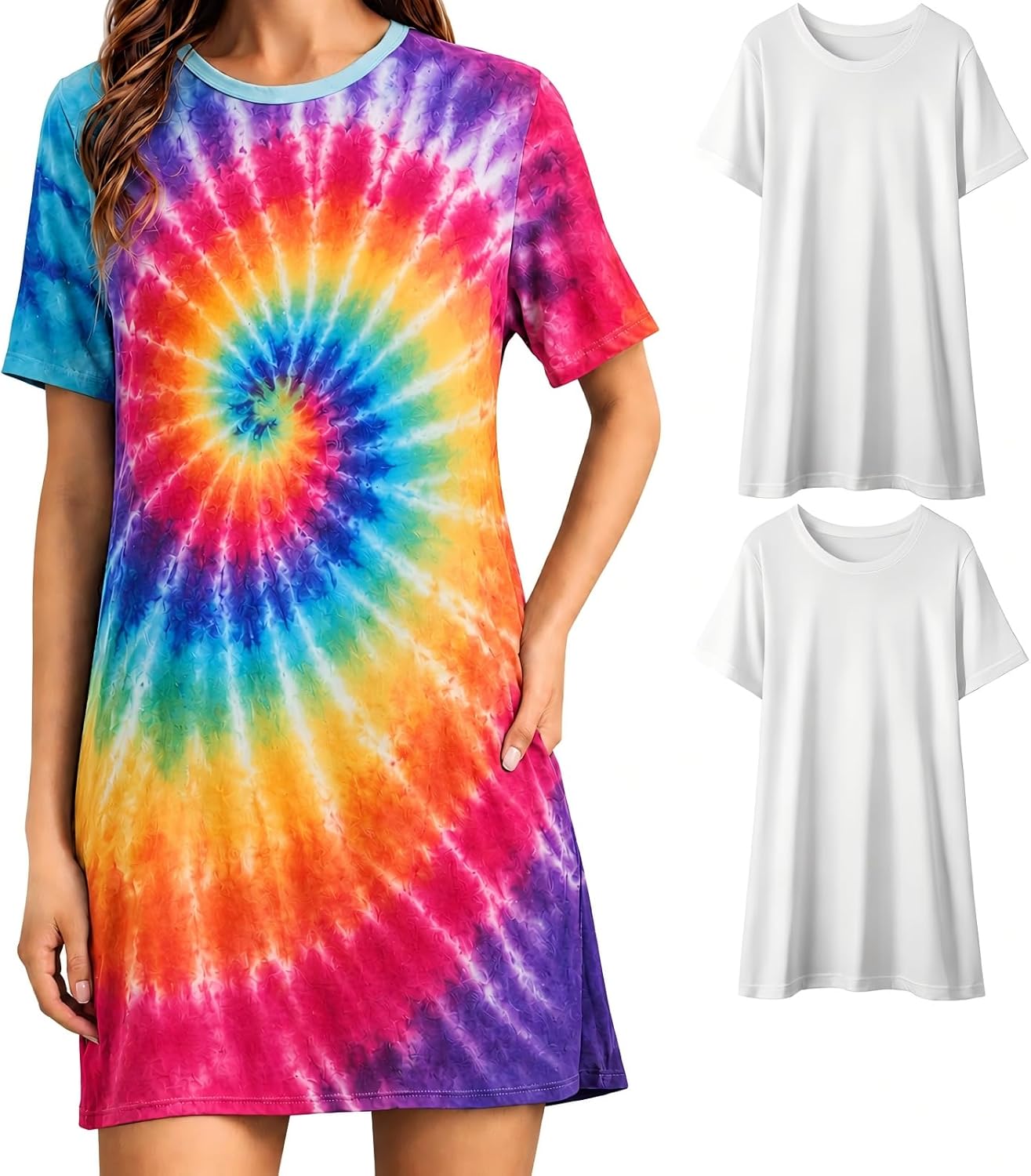 Silkfly 3 Pcs Tie Dye Dress Kit for Women Plus Size, Beach White Cotton T-Shirt for DIY, Loose Fit Summer Casual Dress (XX-Large)