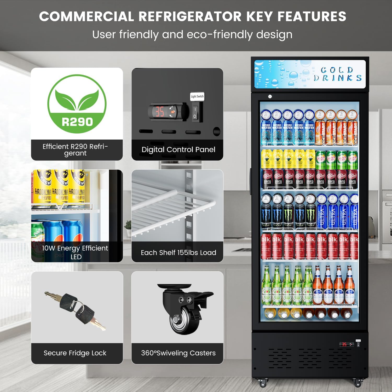 Commercial Display Refrigerator Glass Door 15 cu.ft Commercial Beverage Refrigerators with LED and 5 Shelves for Cafe, Restaurant, Store