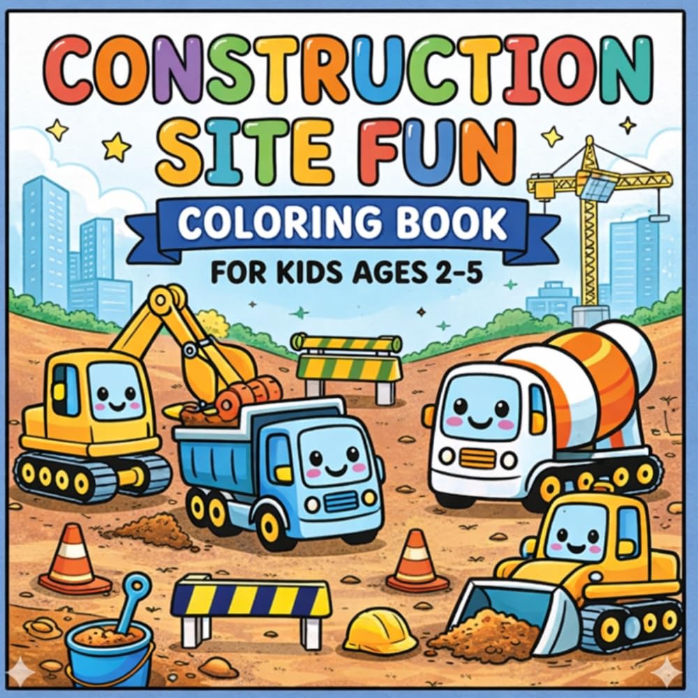 Construction Site Fun Coloring Book for Kids Ages 2-5: Easy and Cute Trucks, Diggers and Bulldozers with Simple Bold Pages for Toddlers and Preschool Boys (Cute & Easy Coloring Books for Kids)