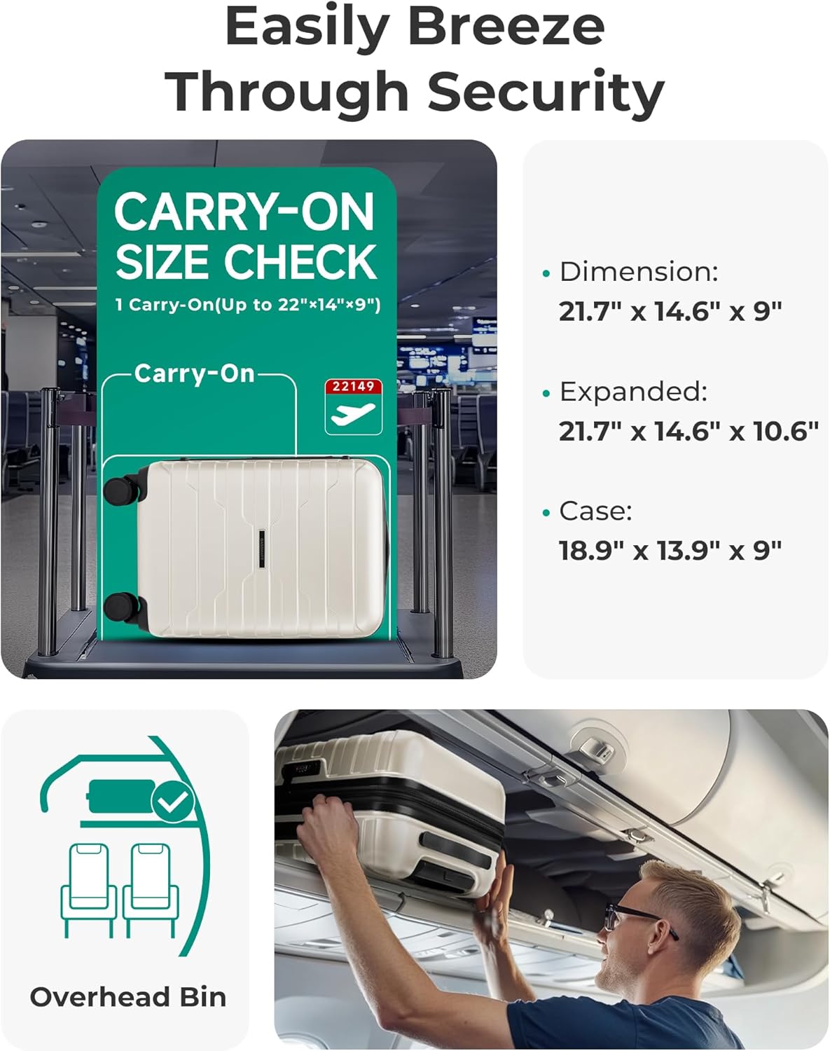BAGSMART Carry On Luggage 22x14x9 Airline Approved with Spinner Wheels,Lightweight 20 Inch Luggage with TSA Lock,Expandable Hard Shell Carry On Suitcases for Men Women,White - Image 4