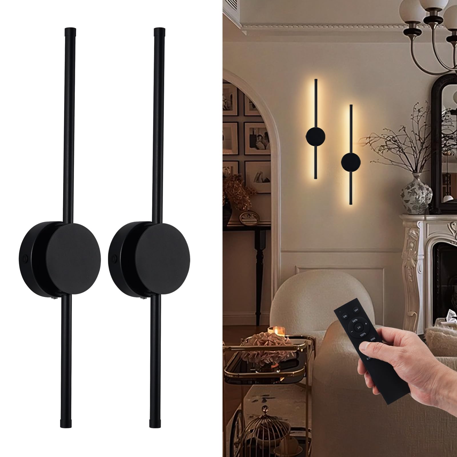 LIT AMPO Rechargeable Battery Operated Wall Sconce Set of 2, LED Cordless Wall Lamp with Remote Timer, Dimmable 3-Color Accent Lights for Dining Living Room, Bedroom, Hallway, Bathroom, Doorway, Black