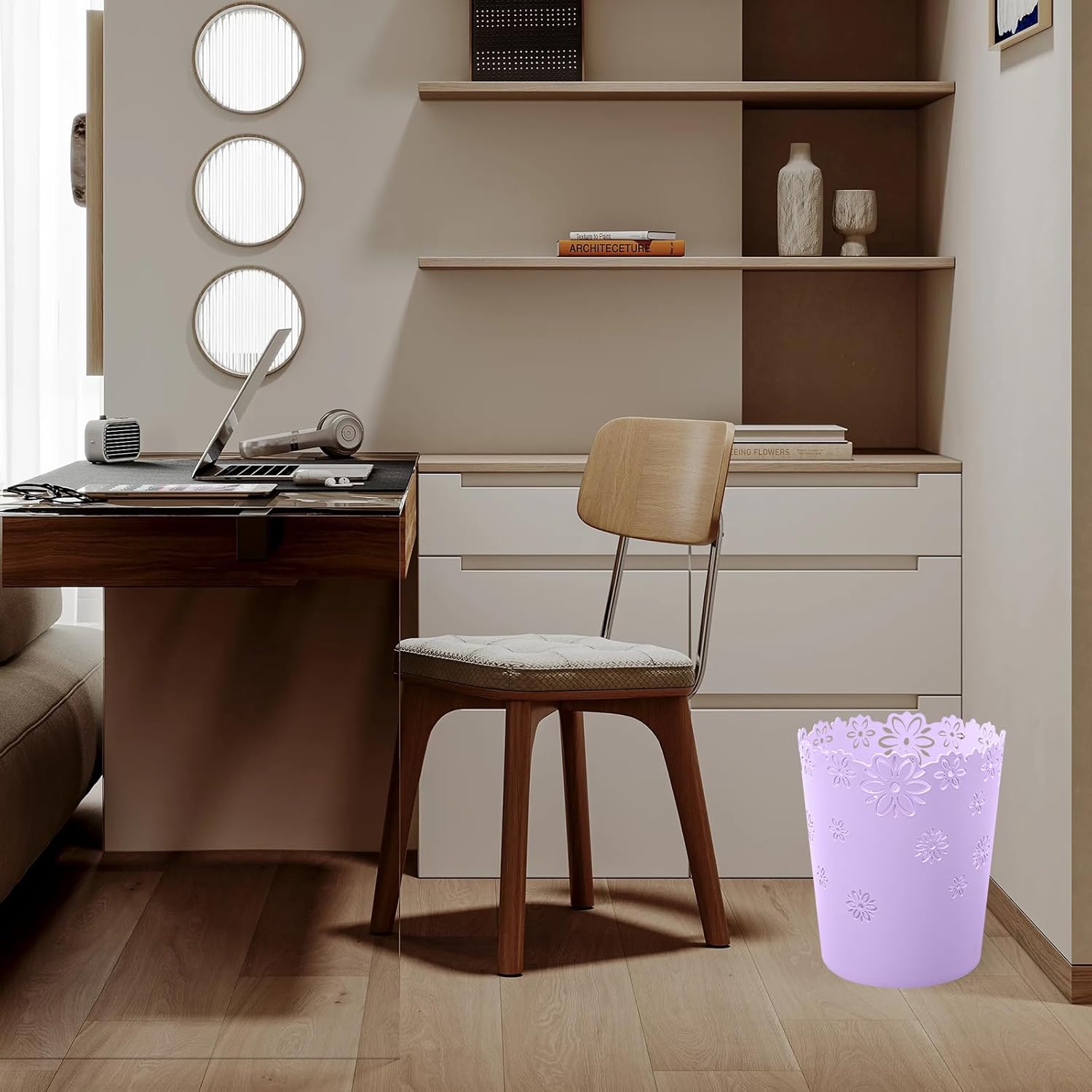 Simple Cute Wastebasket Hollow Flower Shape Plastic Lidless Wastepaper Baskets Trash Can 2.6 Gallons Bathroom Garbage can (Purple, L)