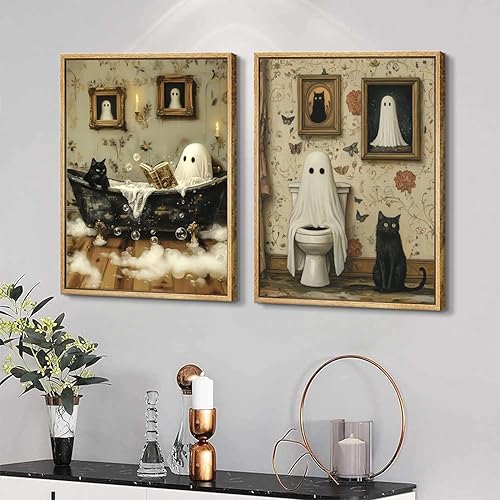 Miniatura 4 de 2 piezas divertidas de fantasmas para baño, arte de pared de fantasma espeluznante en el inodoro, decoración de pared de espectro gótico y lindo