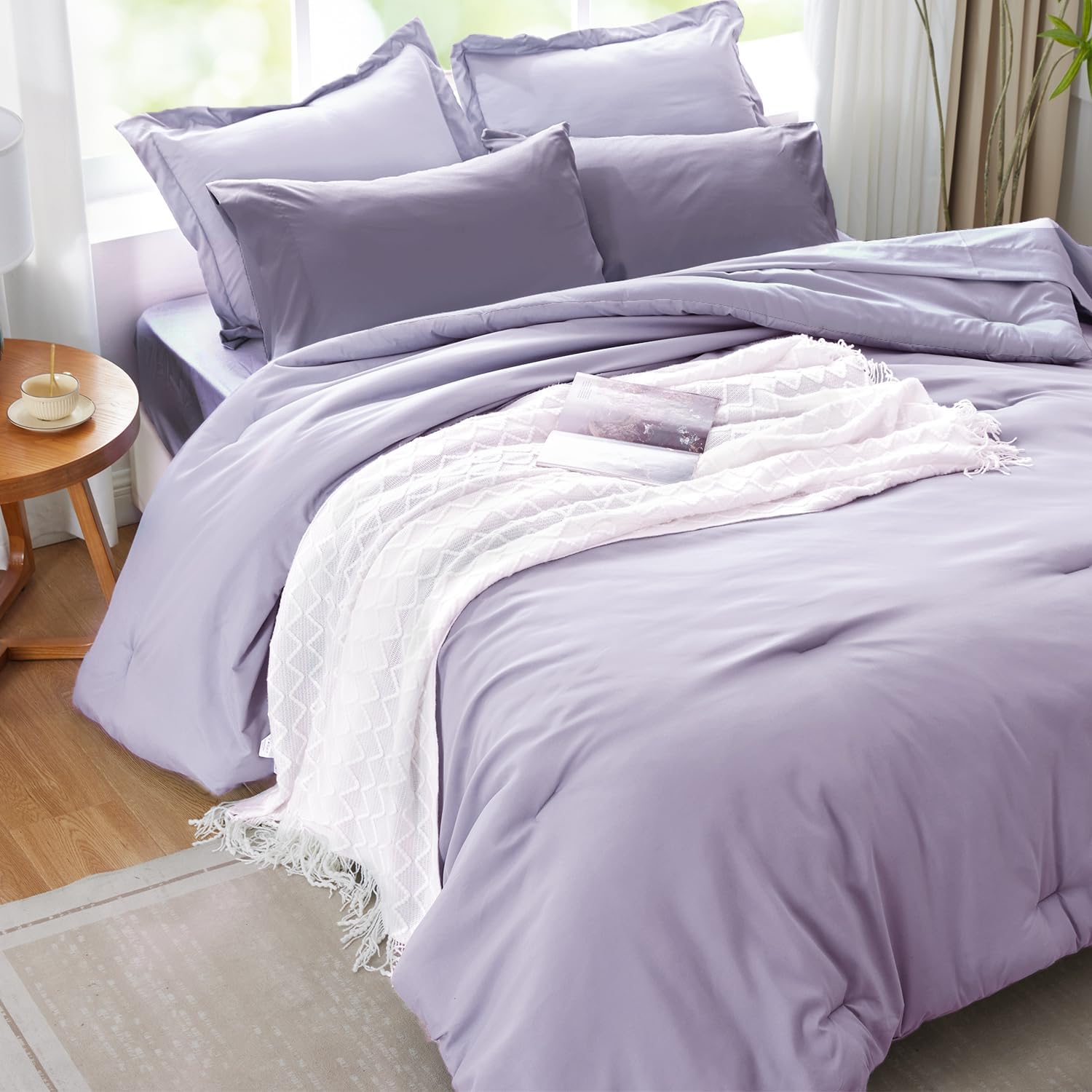 Purple Lavender Comforter Set Queen Bedding Set, 7 Pieces Soft Bed in a Bag with Comforter, Sheets, Pillowcases & Shams, All Season Boho Queen Bed Set
