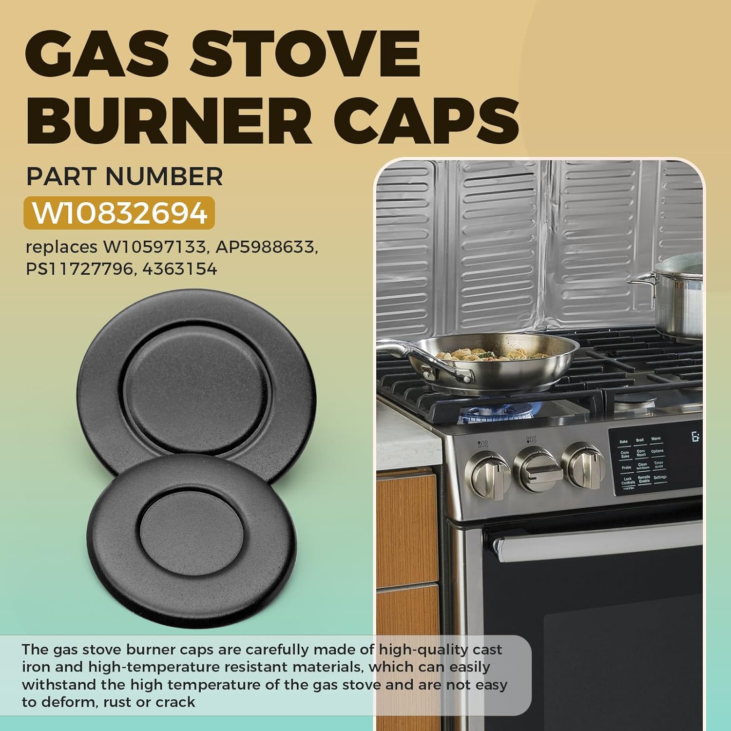 Gas Stove Burner Caps W10832694 for Whirlpool Stove, Cooktop Surface Burner Cap Set of 5, Replacement W10597133 AP5988633 PS11727796 4363154