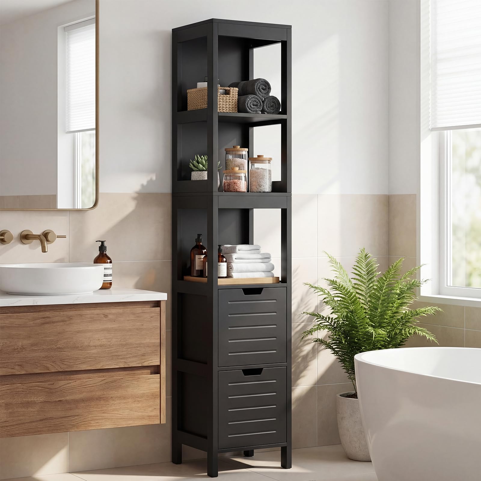 CASART Bathroom Floor Cabinet, Freestanding Tower Rack with 2 Drawers and 3 Open Shelves, Wooden Tall Cupboard Storage Organizer for Bathroom Living Room Kitchen (Black)