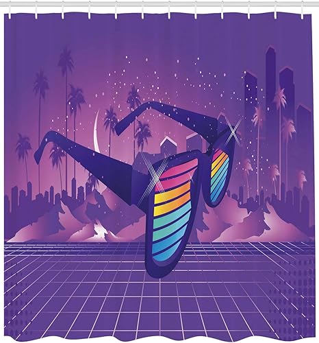 Miniatura 2 de Ambesonne Synthwave Shower Curtain, Rainbow Striped Retro Sunglasses on Big City with Tropical Palm Trees, Cloth Fabric Bathroom Decor Set with