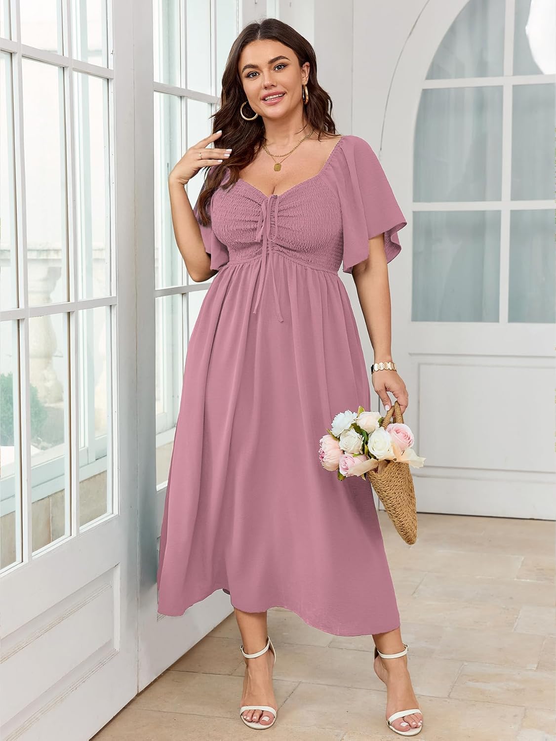 Women's Plus Size Maxi Dress Short Sleeve Sweetheart Neckline Smocked A Line Flowy Formal Wedding Guest Dress - Image 6