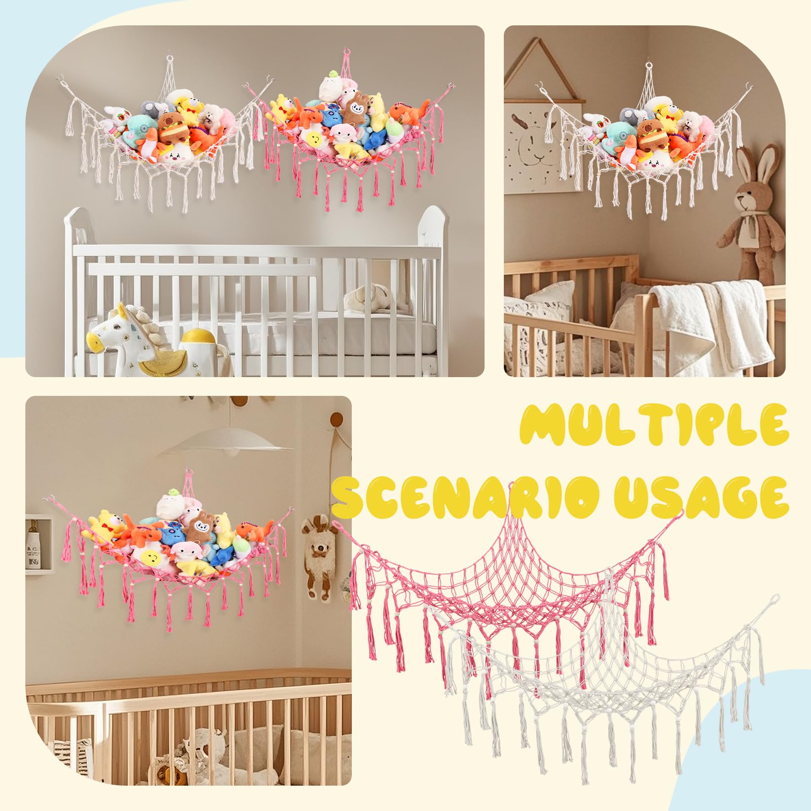 Hamac Rangement Peluches Filet d'Angle Lot 2 Filet Coton Épais Tissé Main Décoration Murale Chambre Enfants Rose