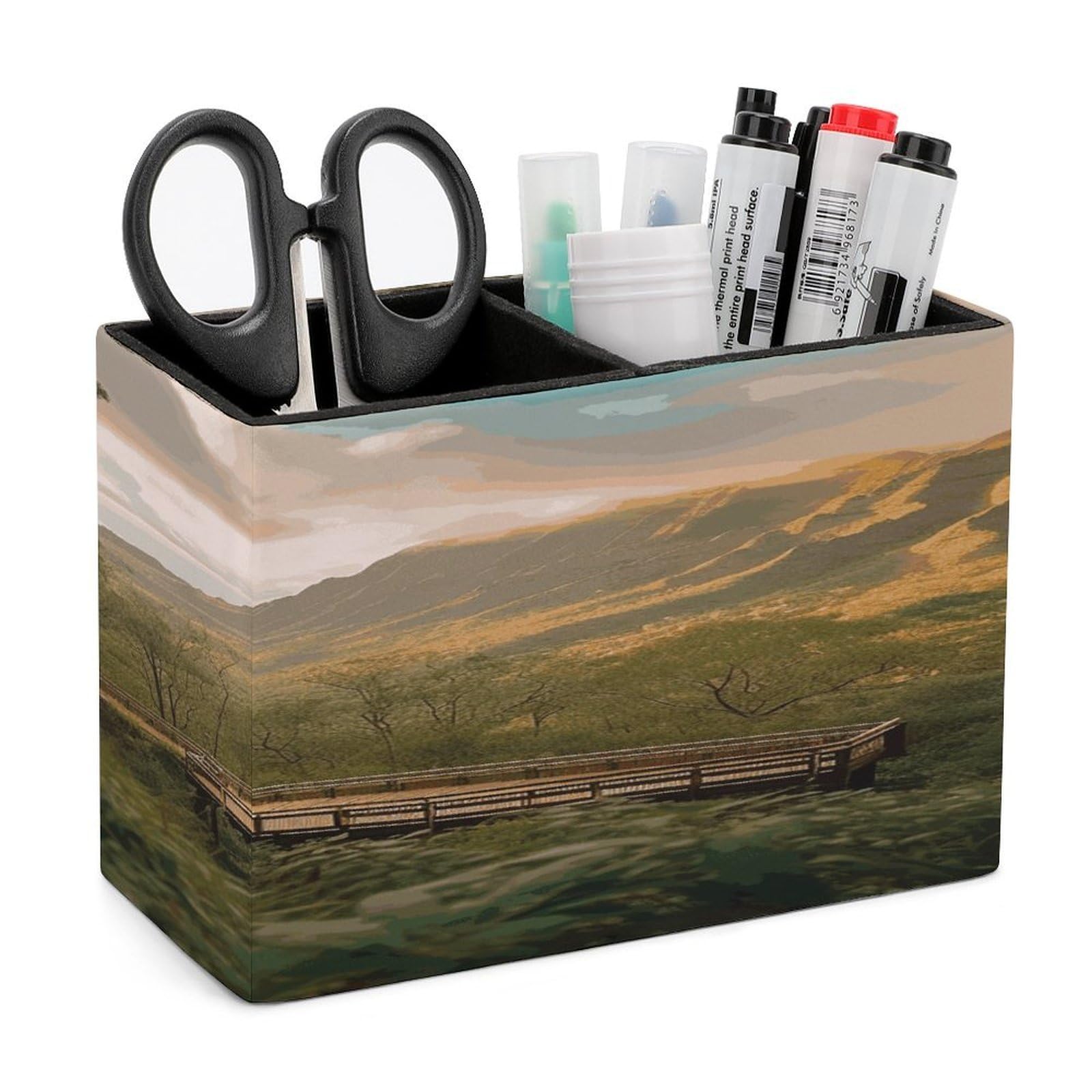 FekiLoot Wilderness Park Pen Holders for Desk Small Remote Control Holder Leather Pencil Cup with Double Compartments Desktop Organizer for Table Desk Office Space Saving