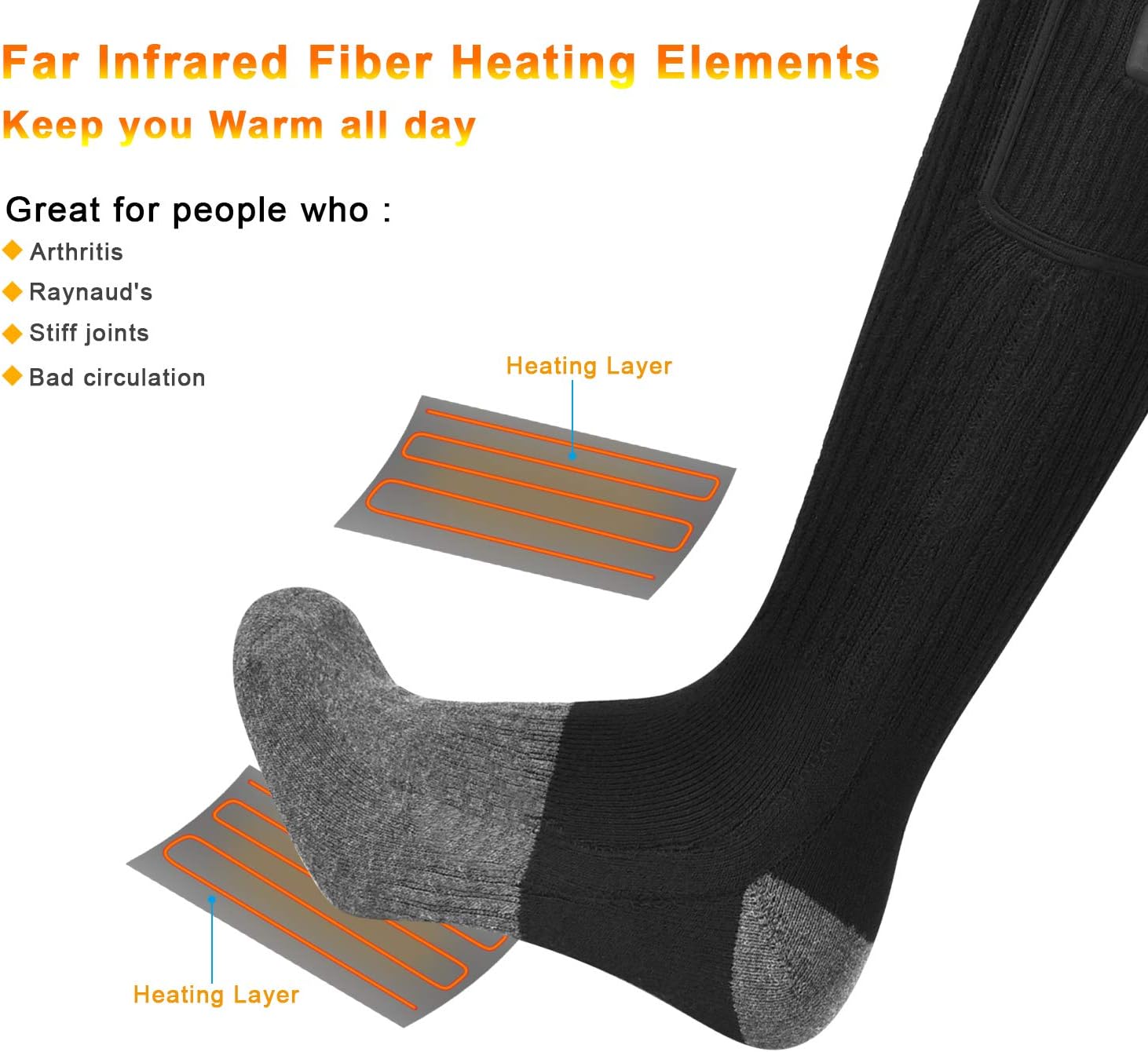 SNOW DEER Heated Socks,2022 Upgraded 7.4V Rechargeable Battery Electric Socks for Men Women,Winter Cold Weather Warm Socks for Huting Fishing Camping Hiking Skiing Foot Warmer : Sports & Outdoors