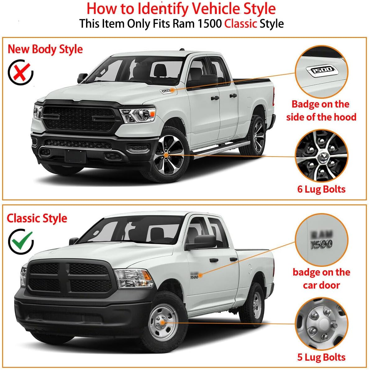 Diagram showing how to identify Ram 1500 New Body Style vs. Classic Style based on badge location and lug nuts