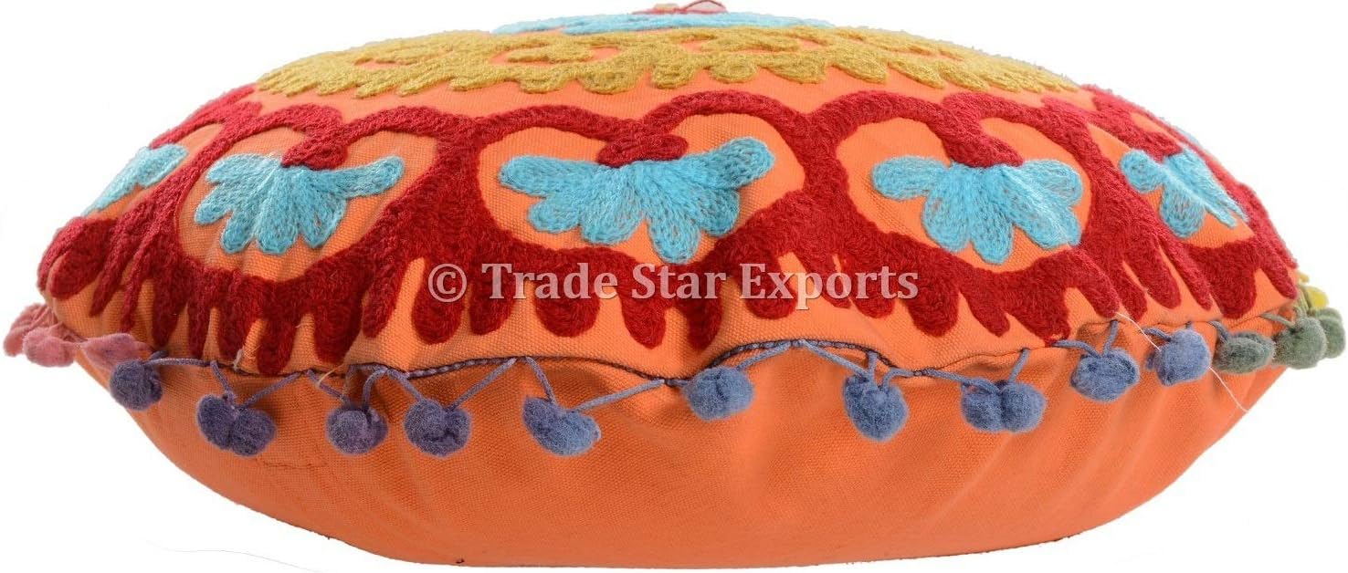 Trade Star 100% Cotton Round Pillow Case Fall Decor Throw Pillow Cover Beautiful Handmade Spring Embroidered Modern Sofa Cushion Cover Decorative Cushion Cover with Pom Pom for Home Decor 16" Inches
