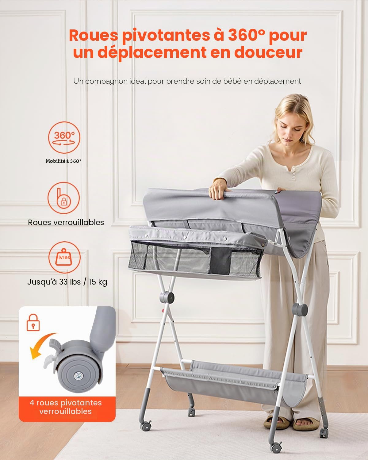 VEVOR Table à Langer Pliante avec Panier de Rangement et Roues Verrouillables Meuble à Langer en Acier au Carbone et Tissu Oxford Portable Charge Max 15 kg Hauteur Réglable pour Bébé 75x105x85-106 cm
