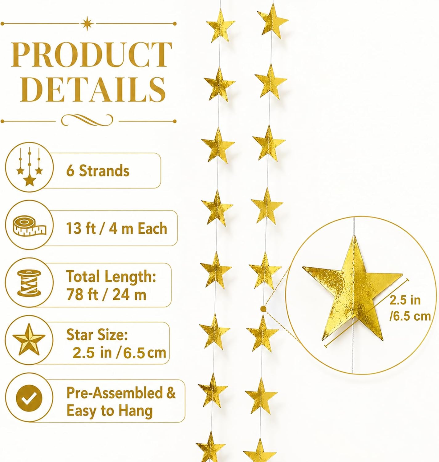 Glitter Star Garland, Gold Hanging Paper 78 Feet Star Hanging Banner,Décorration for Birthday Party, New Year Party, Wedding, Christmas, Classroom, Showroom, Doorway