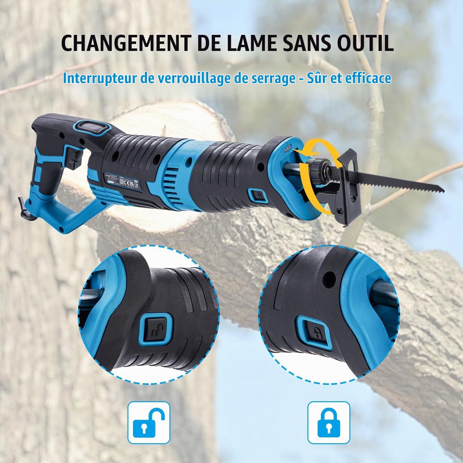 KATSU Tools Scie sabre électrique filaire 900 W, course de 22 mm, 2 800 coups/min, vitesse variable, changement de lame sans outil, pour la découpe du bois, du métal et du PVC