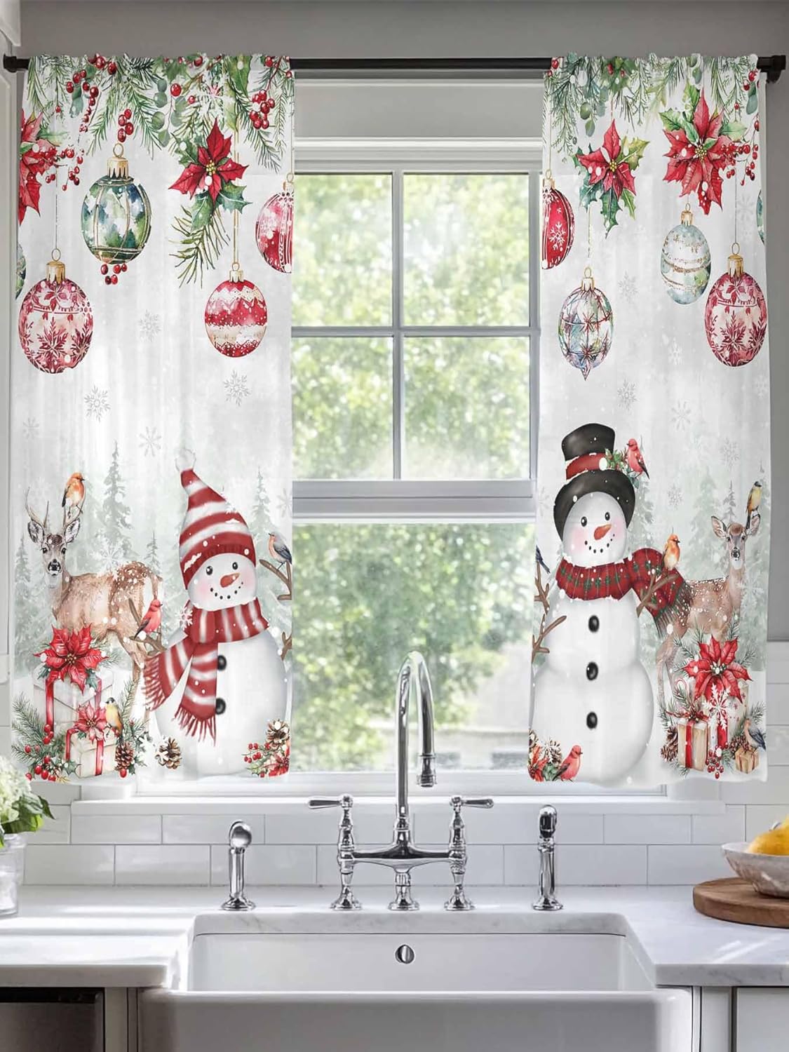 Christmas Sheer Curtains 72 Inches Long Christmas Snowman Deer Curtains for Living Room Red Poinsettia Balls Snowflake Light Filtering Semi Curtain Drapes for Bedroom Decor 2 Panels 52"W x 72"L
