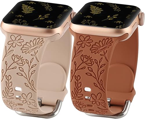 Paquete de 2 correas deportivas grabadas con flores compatibles con Apple Watch de 1.496 pulgadas, 1.575 pulgadas, 1.614 pulgadas, correa de