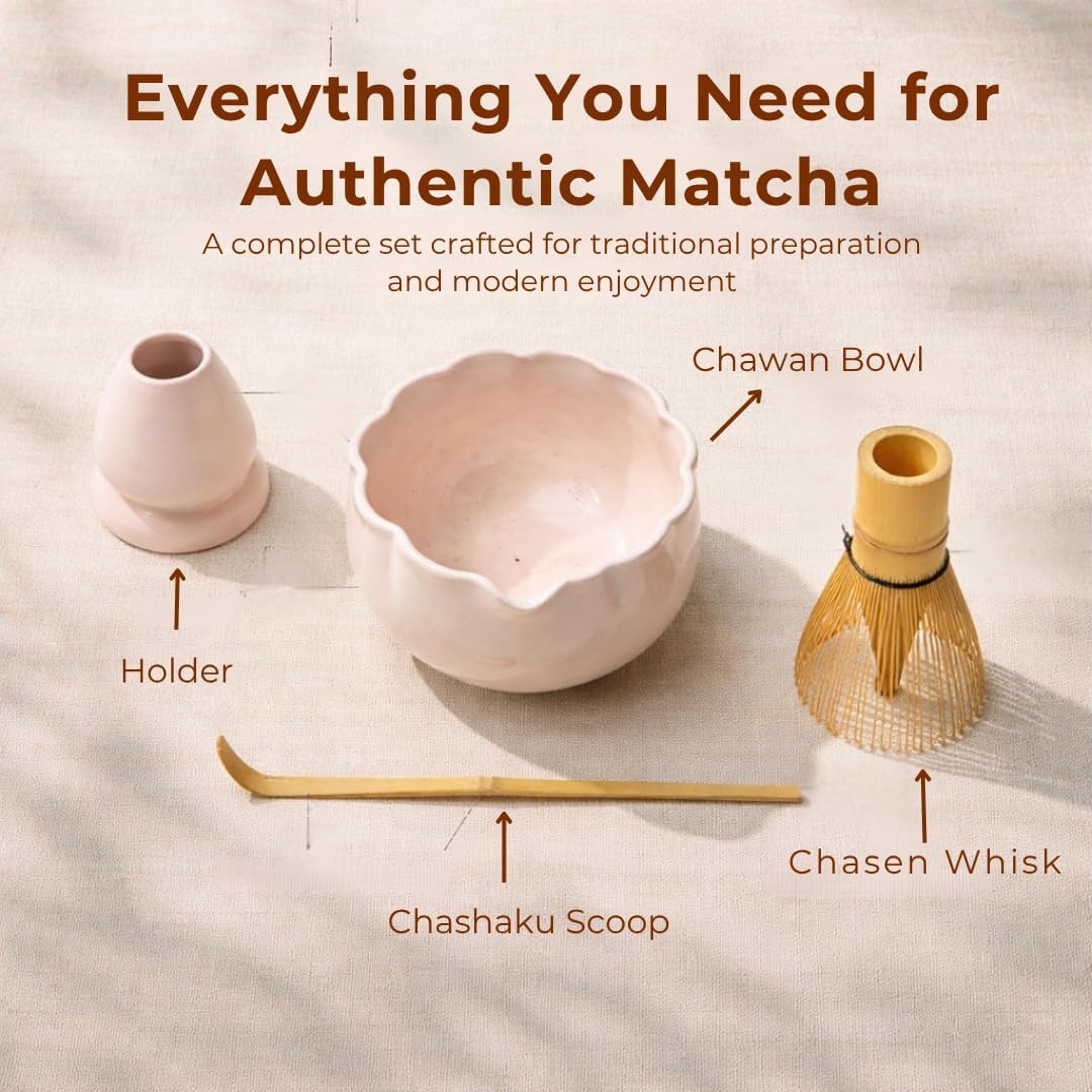 Sukami Sakura Matcha Whisk Set – Luxury 4-Piece Japanese Tea Making with Chawan Cherry Blossom Bowl, Bamboo Whisk, Scoop & Holder – Pink Matcha Set Perfect as Tea Bar Accessories – Home Gift for Her