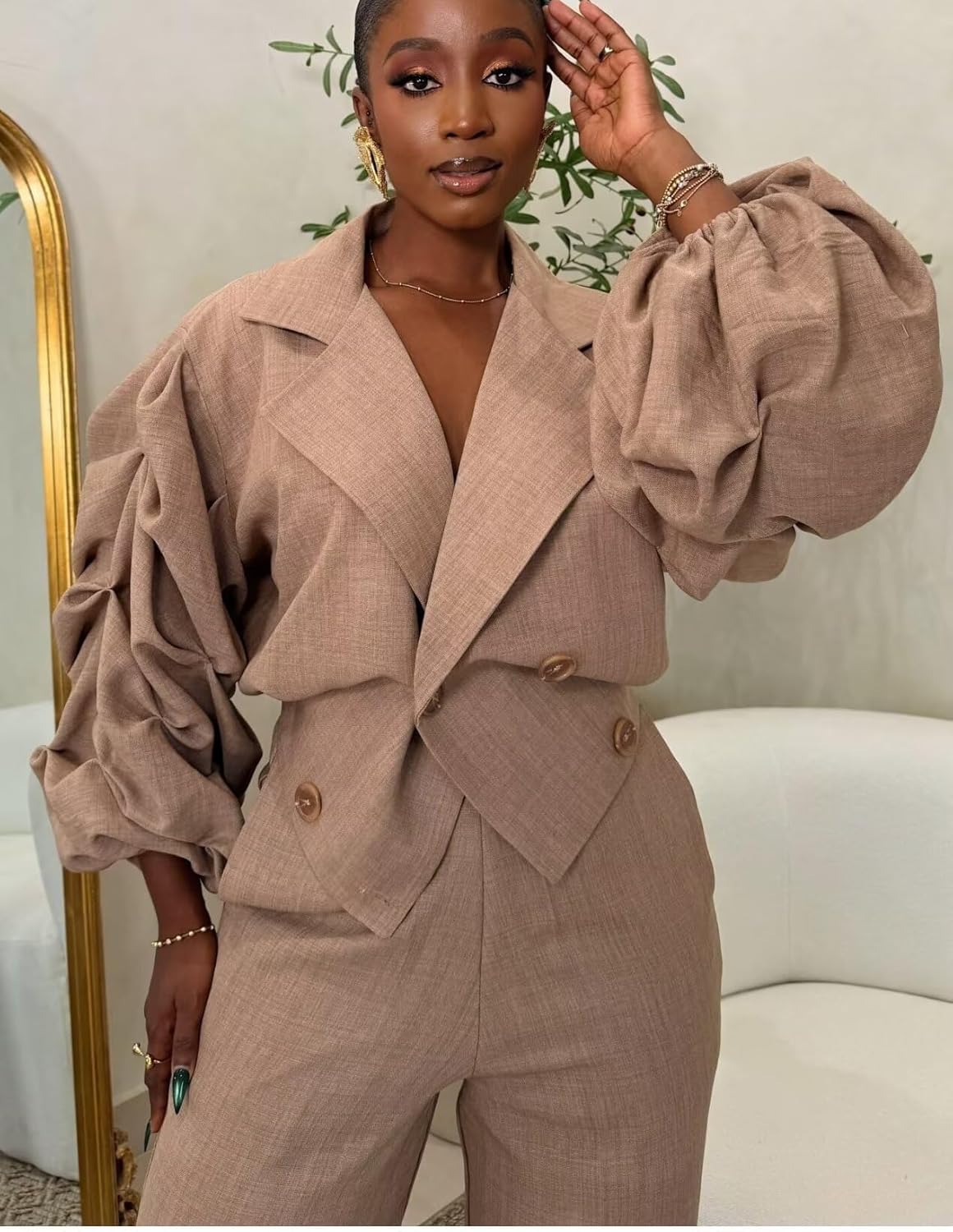 LROSEY 2 Piece Sets for Women Dressy Business Casual Outfits Puff Sleeve Double Breasted Lapel Blazer Dressy Suit Pants - Image 4