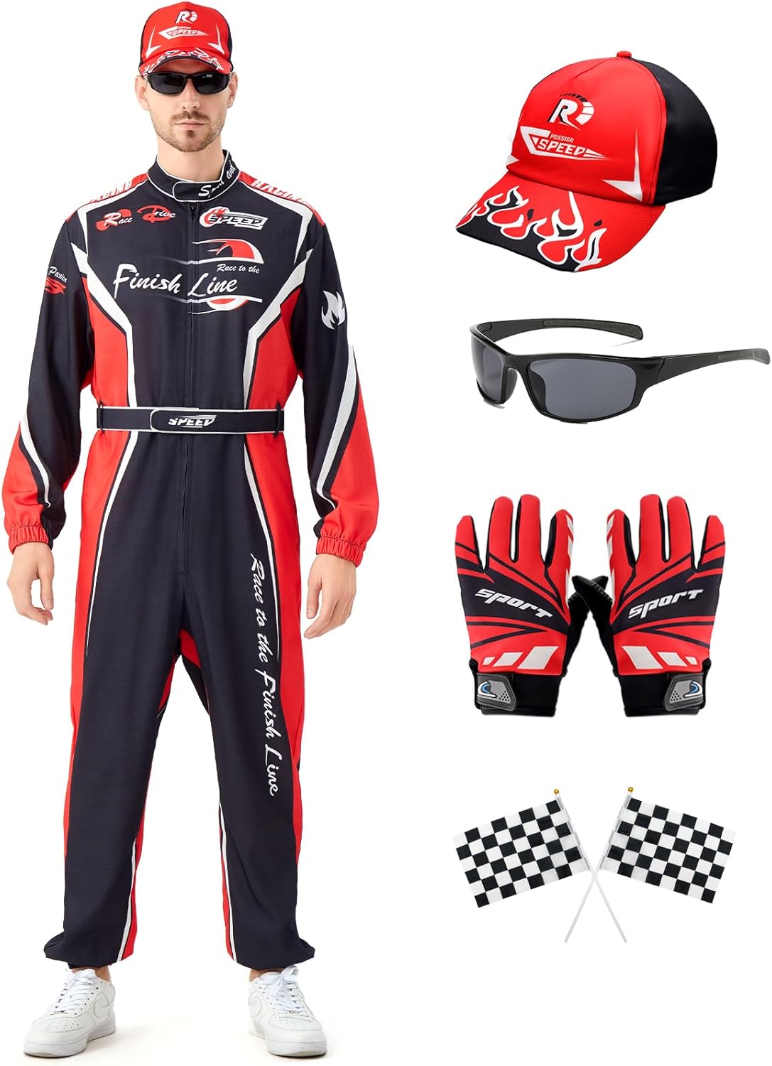 Lopbraa Race Car Driver Costume Men Women, Halloween Adult Racing Jumpsuit Racer Outfits with Hat Gloves Flag and Sunglasses