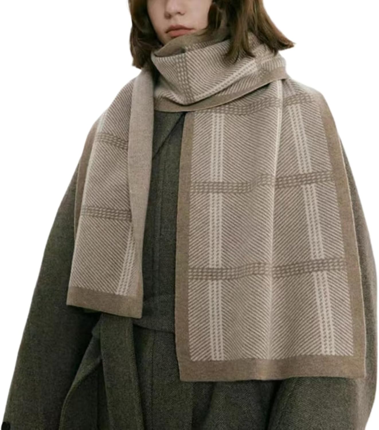 Womens Elegant Striped Winter Knit Scarf Vintage Plaid Thick Scarf Soft Cold Weather Warm Scarves Accessories
