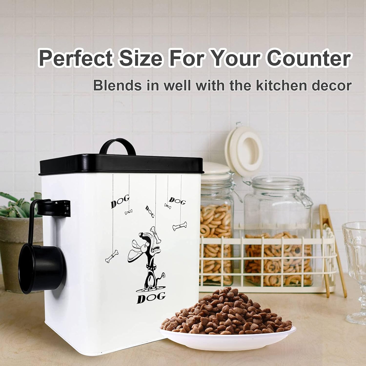 SOTECH Cute Pet Treat Container Airtight with Scoop Set,Dog Food Bucket with Lid and Handle White Pet Storage Bin for Small Dogs Cats Food Dry Fresh,Great Gift for Dog Owners(Dog Treat Jar) : Pet Supplies