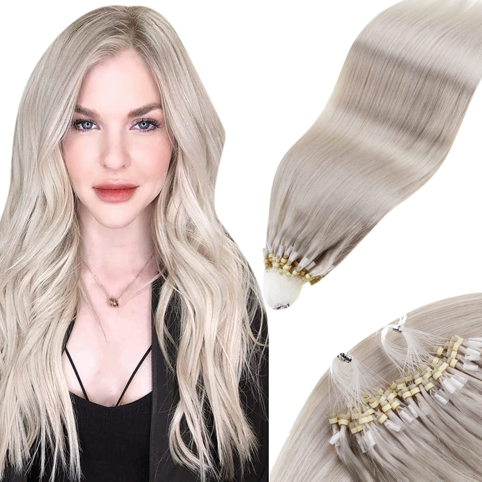 Hetto Human Hair Micro Ring Hair Extensions Blonde Micro Beads Human Hair Extensions #60 Platinum Blonde Micro Link Hair Extensions Remy Human Hair 16 Inch 50 Strands 50g
